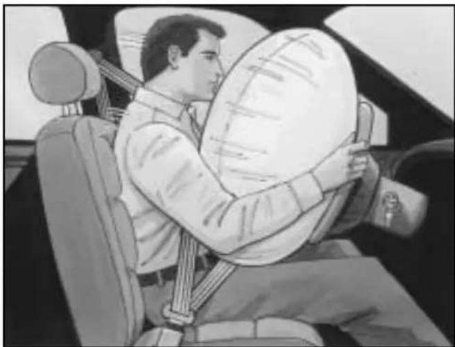Black-and-white illustration of a man sitting in a car, holding a large cushioned object (no text or symbols visible)