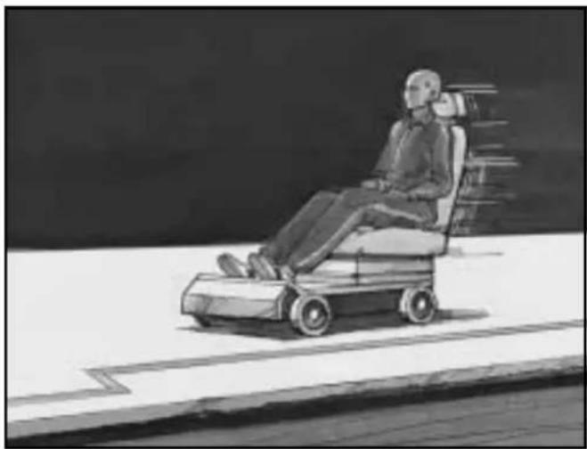 Illustration of a person seated in a mobility scooter on a paved surface (no text or symbols)