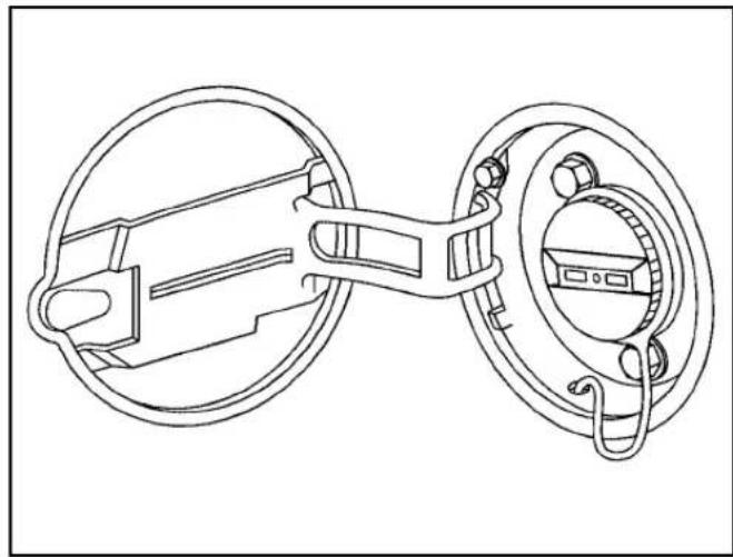 Technical line drawing of a mechanical assembly with two circular components and internal components (no text or symbols)