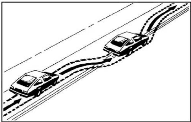 Diagram of three cars driving on a multi-lane road with dashed lane markings (no text or symbols)