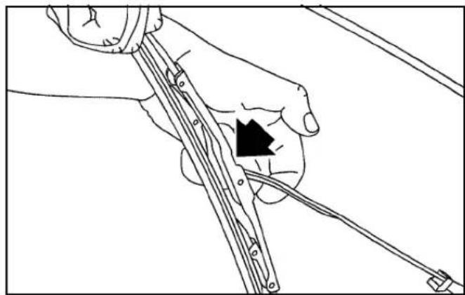 Line drawing of a person holding a rope with a black arrow pointing to a cable (no text or symbols)