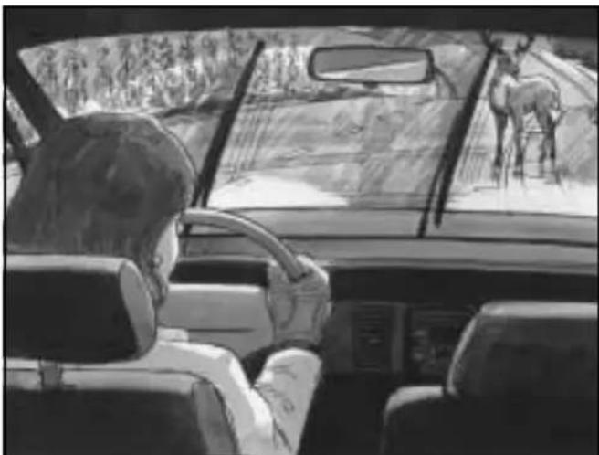 Interior view of a car showing a driver's seat, dashboard, and landscape sketch (no text or symbols)