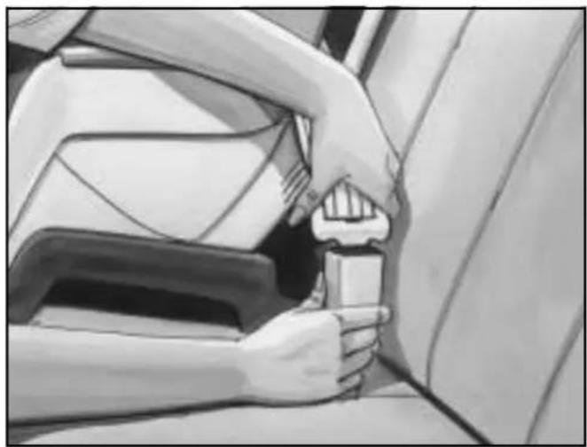 Illustration of hands adjusting a seatbelt on a car (no text or symbols visible)
