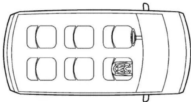 Top-down line drawing of a car's front view showing six cars with one car inside and one on the side, no text or symbols present.