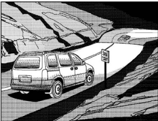 Black-and-white illustration of a car driving on a mountain road with a speed limit sign (no text or symbols)