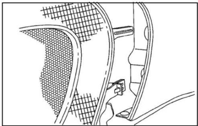 Technical line drawing of a mechanical component with mesh pattern and mounting bracket (no text or symbols)