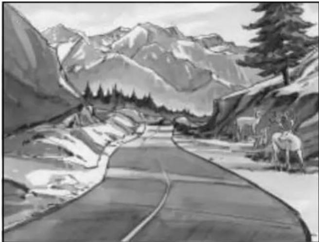 Black-and-white sketch of a mountain road winding through a valley with pine trees and distant snow-capped peaks (no text or symbols)