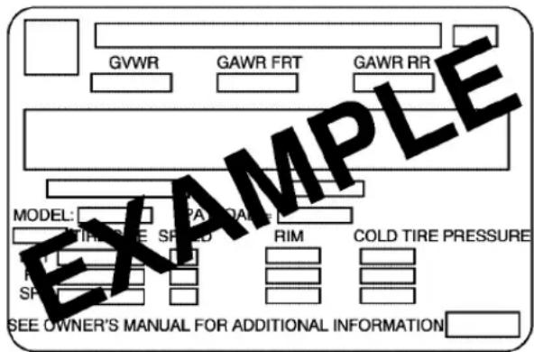 GVWR GAWR FRT GAWR RR MODEL: S/P A P O A N E RIM COLD TIRE PRESSURE SP SEE OWNER'S MANUAL FOR ADDITIONAL INFORMATION