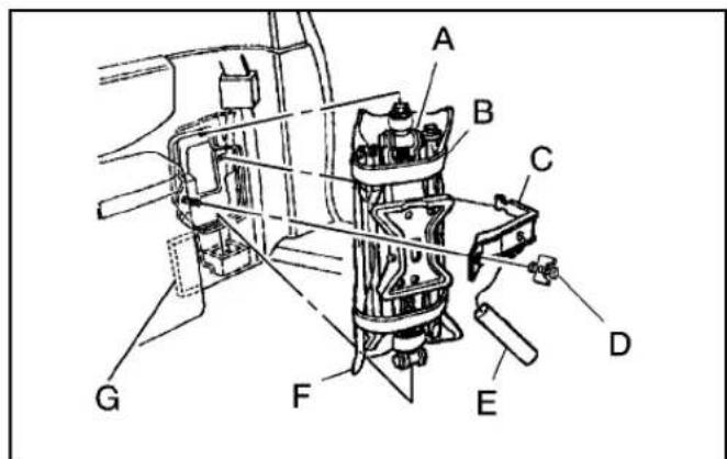Technical diagram of a mechanical assembly with labeled components A through G