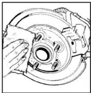 Line drawing of hands fastening a car brake disc (no text or symbols)
