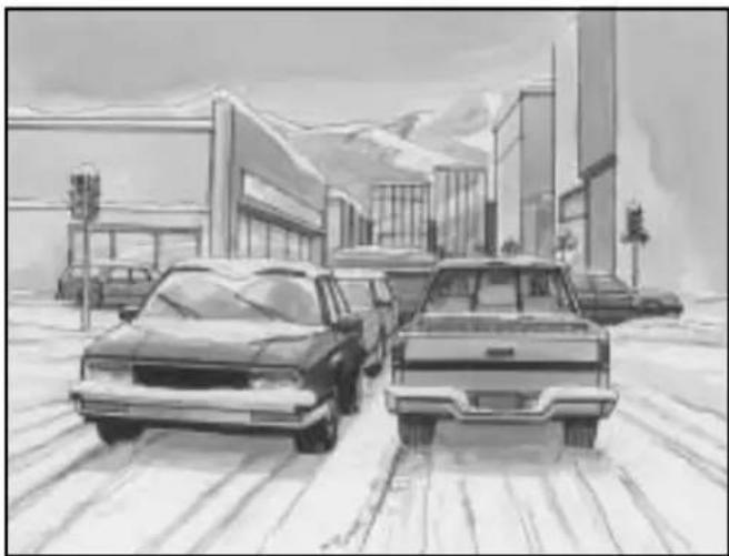 Sketch of vintage cars parked on a snowy street with modern buildings and mountains in the background (no text or symbols)