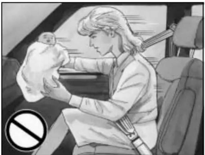 Black-and-white illustration of a person inside a car, holding a baby near his seat, with a no-smoking symbol nearby (no text or symbols on the main scene)