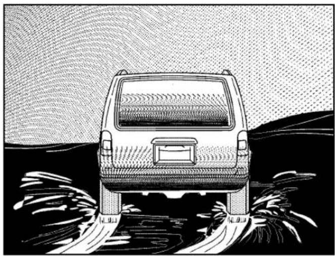 Black-and-white illustration of a car viewed from behind, showing rear wheel down with visible tracks and grass (no text or symbols)