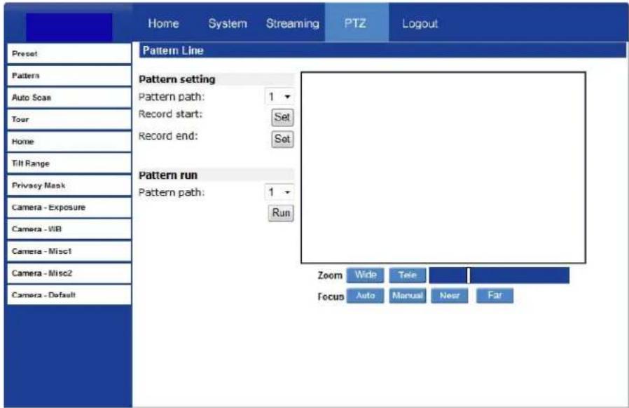 Home System Streaming PTZ Logout Preset Pattern Line Pattern setting Pattern path: 1 Record start: Set Record end: Set Pattern run Pattern path: 1 Run Zoom Wide Tele Focus Auto Manual Near Far