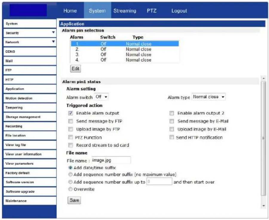 Home System Streaming PTZ Logout System Security Network CONS Mail FTP HTTP Application Motion detection Tampering Storage management Recording File location View log file View user information View parameters Factory default Software version Software upgrade Maintenance Application Alarm pin select…