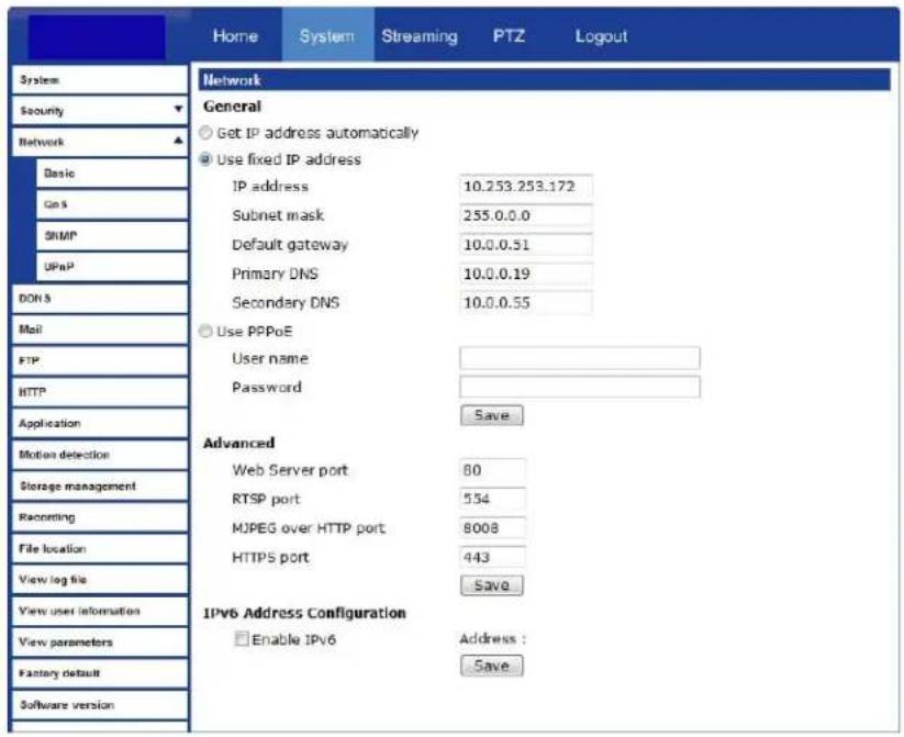 Home System Streaming PTZ Logout System Security Network Basic GnS SNMP UPnP DON S Mail FTP HTTP Application Motion detection Storage management Recording File location View log file View user information View parameters Factory default Software version Network General Get IP address automatically U…