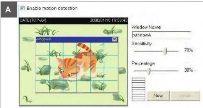 Enable motion detection DATE(TCP-AV) 2006/01/10 15:58:43 Window Name windowA Sensitivity 70% Percentage 30% Now SAVE