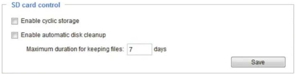 SD card control Enable cyclic storage Enable automatic disk cleanup Maximum duration for keeping files: 7 days Save