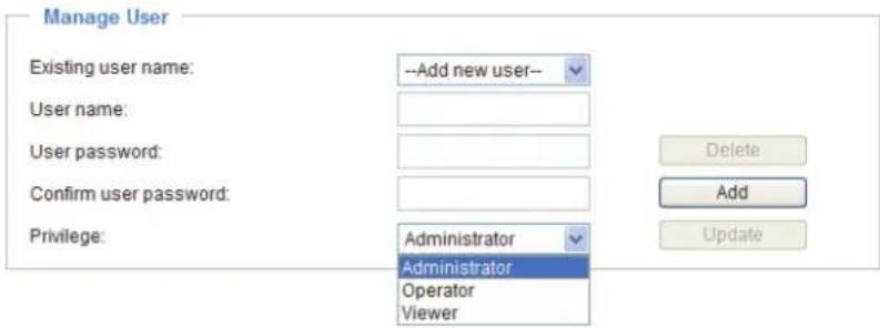 Manage User Existing user name: --Add new user-- User name: User password: Confirm user password: Privilege: Administrator Administrator Operator Viewer Delete Add Update