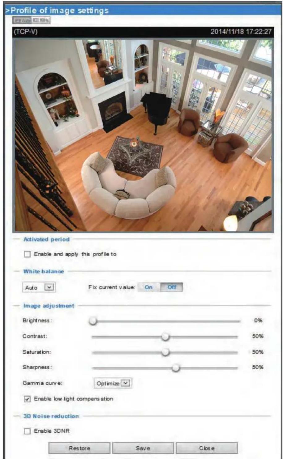 >Profile of image settings TCEV-100% 2014/11/18 17:22:27 Activated period Enable and apply this profile to White balance Auto Fix current value: On Off Image adjustment Brightness: 0% Contrast: 50% Saturation: 50% Sharpness: 50% Gamma curve: Optimize Enable low light compensation 3D Noise reduction…