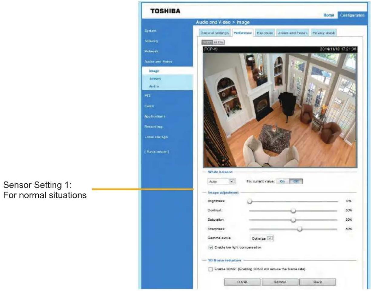 TOSHIBA Home Configuration Audio and Video > Image System Security Network Audio and Video Image Stream Audio PT2 Event Applications Recording Local storage [ Basic mode ] Sensor Setting 1: For normal situations General settings Preference Exposure Zoom and Focus Privacy mask TCP-V) 2014/11/18 17:21…