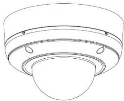 Technical line drawing of a ceiling-mounted device with a spherical base and circular mounting holes (no text or symbols)