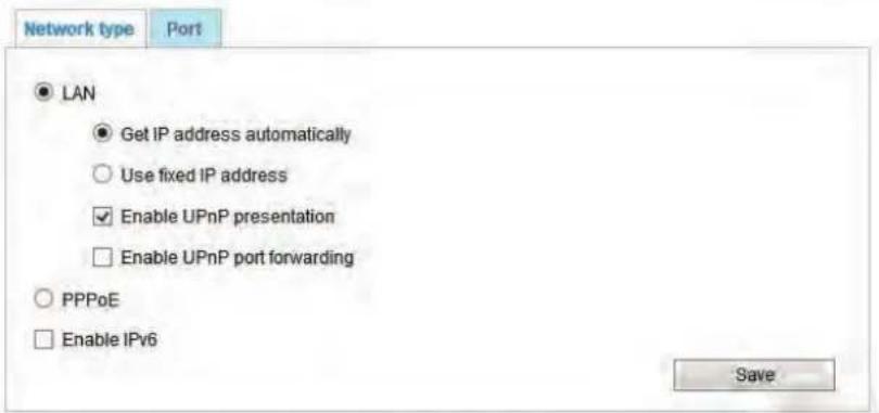 Network type Port ● LAN ● Get IP address automatically ○ Use fixed IP address ✓ Enable UPnP presentation □ Enable UPnP port forwarding ○ PPPoE □ Enable IPv6 Save