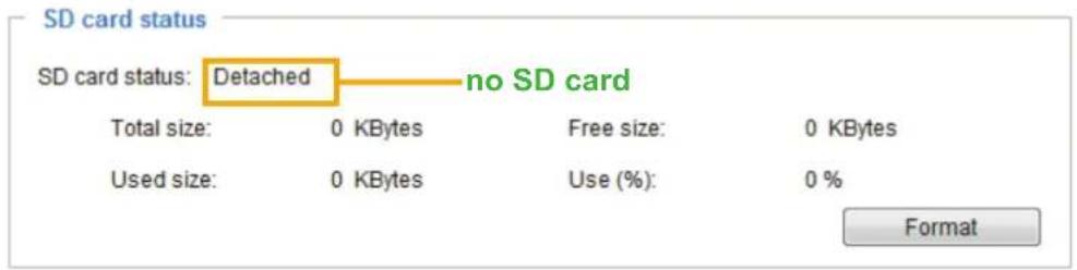SD card status SD card status: Detached — no SD card Total size: 0 KBytes Free size: 0 KBytes Used size: 0 KBytes Use (%): 0 % Format