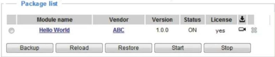 Package list Module name Vendor Version Status(License Hello World ABC 1.0.0 ON yes Backup Reload Restore Start Stop