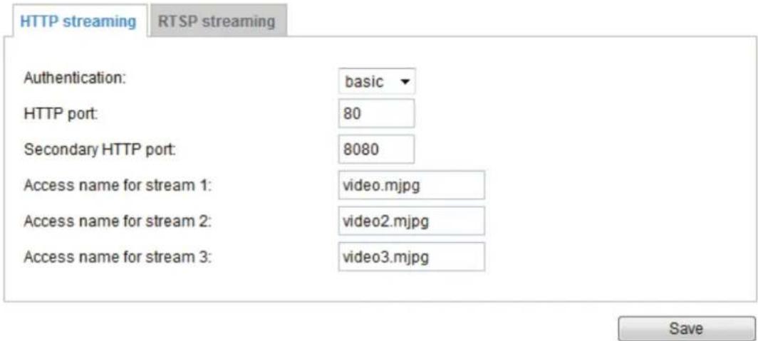HTTP streaming RTSP streaming Authentication: basic HTTP port: 80 Secondary HTTP port: 8080 Access name for stream 1: video.mjpg Access name for stream 2: video2.mjpg Access name for stream 3: video3.mjpg Save
