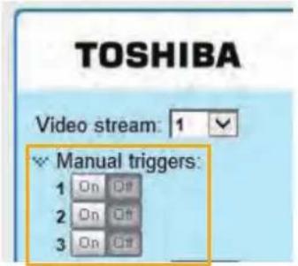 TOSHIBA Video stream: 1 Manual triggers: 1 On Off 2 On Off 3 On Off