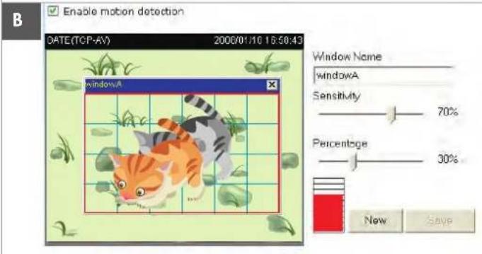 Enable motion detection DATE(TCP-AV) 2006/01/16 16:58:43 Window Name windowA Sensitivity 70% Percentage 30% New Save