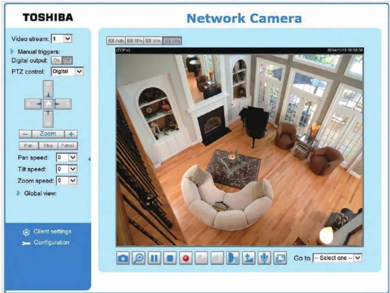 TOSHIBA Video stream: 1 Manual triggers: Digital output: On Or PTZ control: Digital Zoom Pan Stop Patrol Pan speed: 0 Tilt speed: 0 Zoom speed: 0 Global view: Client settings Configuration Network Camera Auto 100% 50% 25% (TCP-V) 2014/11/18 16:58:50 Go to -- Select one --