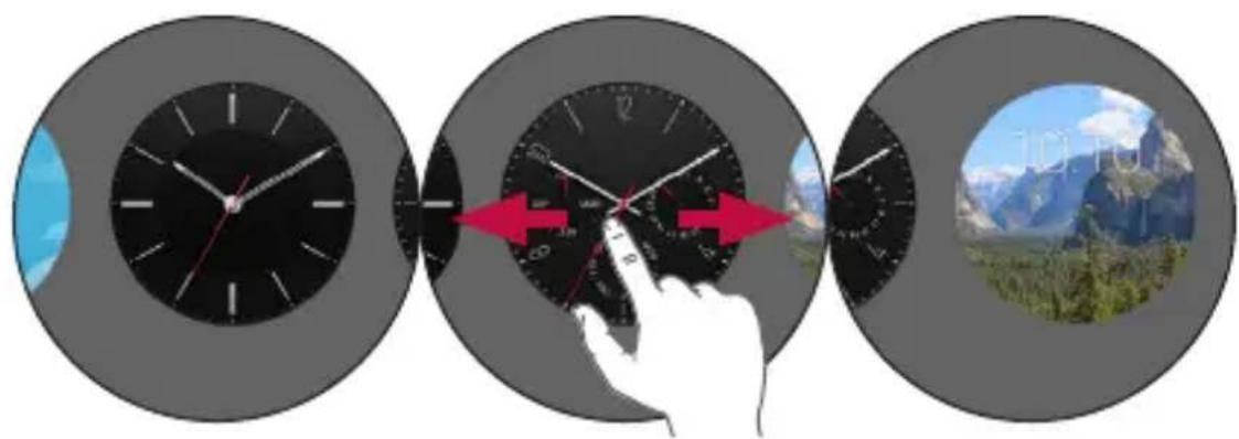 Three circular images showing a wall clock, hand gesture, and landscape photo with overlaid red arrows indicating adjustment.