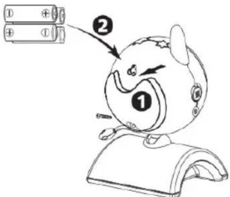 Illustration of a cartoon character interacting with batteries, labeled with numbers 1 and 2 pointing to the battery.