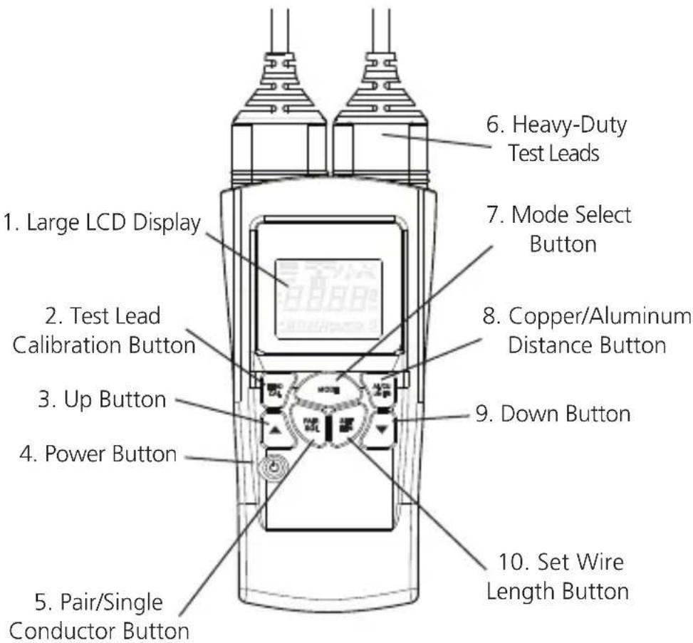 1. Large LCD Display 2. Test Lead Calibration Button 3. Up Button 4. Power Button 5. Pair/Single Conductor Button 6. Heavy-Duty Test Leads 7. Mode Select Button 8. Copper/Aluminum Distance Button 9. Down Button 10. Set Wire Length Button