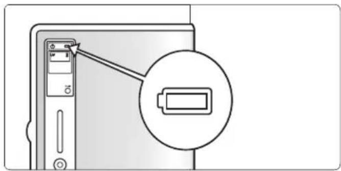 Diagram showing a computer tower with an LED switch and a battery icon, indicating battery status or charging.