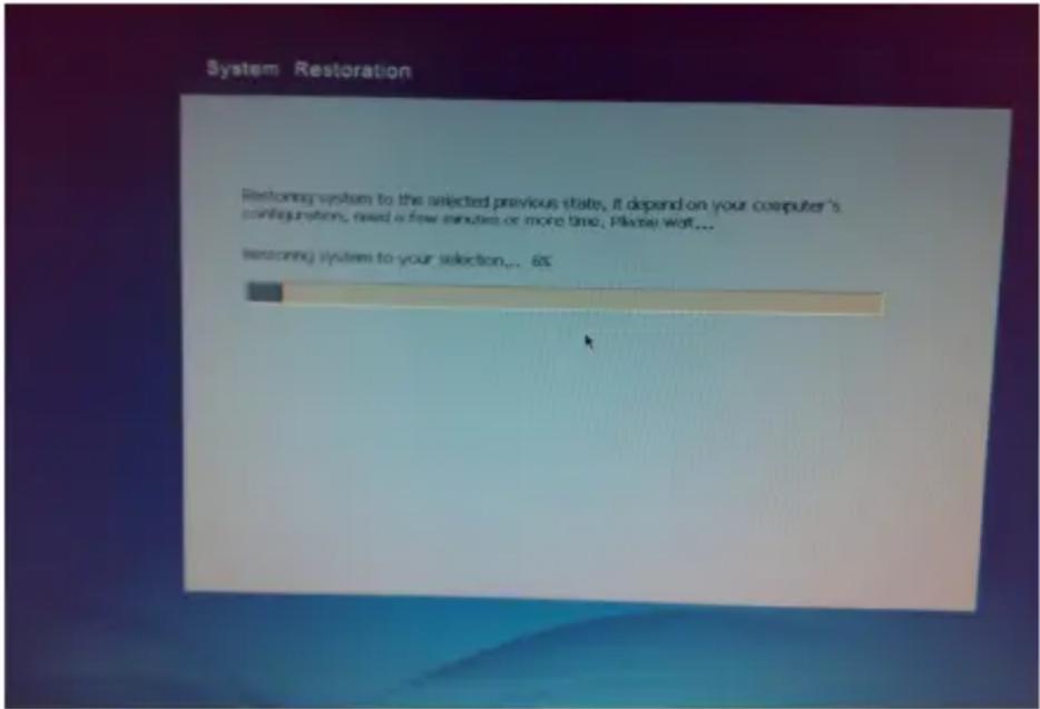 System Restoration Restoring system to the selected previous state, it depend on your computer's configuration, need a few minutes or more time. Please wait... Restoring system to your selection... 65
