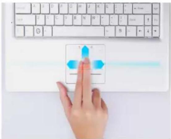 Hand interacting with a keyboard and mouse interface showing blue directional arrows on a white background