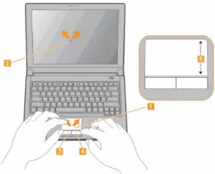 Diagram showing hands typing on a laptop keyboard with labeled parts and a screen displaying dimensions