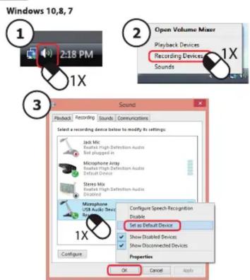 Windows 10.8.7 1 2:18 PM 1X 3 Open Volume Mixer Playback Devices Recording Devices Sounds 1X Sound Playback Recording Sounds Communications Select a recording device before to modify its settings: Jab Mic Realtek High Definition Audio Not plugged in Microphone Airy Realtek High Definition Audio Default Device Stereo Mix Realtek High Definition Audio Disabled Microphone USB Audio Store 1X Configure Configure Speech Recognition Disable Set as Default Device Show Disabled Devices Show Disconnected Devices Properties OK Cancel Apply