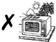 Simple line drawing of a microwave oven with sun, trees, and an 'X' symbol (no text or labels).