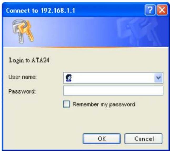 Connect to 192.168.1.1 Login to ATA24 User name: Password: Remember my password OK Cancel