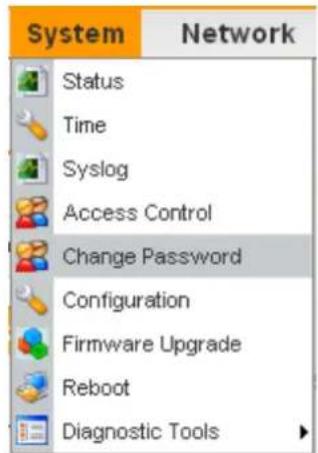 System Network Status Time Syslog Access Control Change Password Configuration Firmware Upgrade Reboot Diagnostic Tools