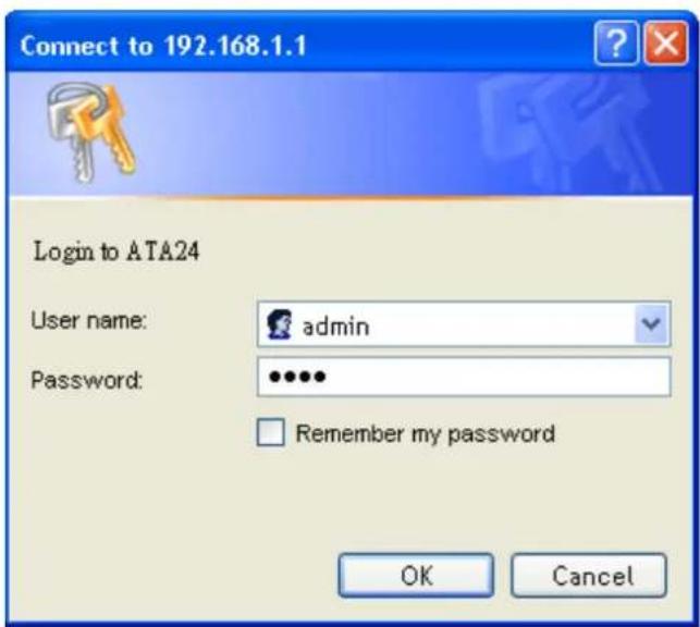 Connect to 192.168.1.1 Login to ATA24 User name: admin Password: ••••• Remember my password OK Cancel