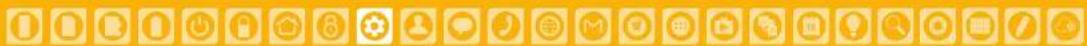 Row of yellow icons representing various application functions or tools, including documents, keys, home objects, and charts.