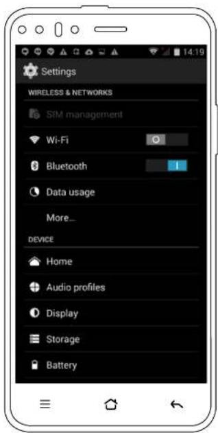 Settings WIRELESS & NETWORKS SIM management Wi-Fi Bluetooth Data usage More_ DEVICE Home Audio profiles Display Storage Battery