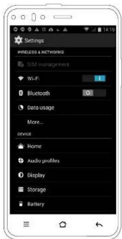Settings Wireless & NETWORKS SiM managers Wi-Fi Bluetooth Data usage More... DEVICE Home Auxio profiles Display Storage Battery