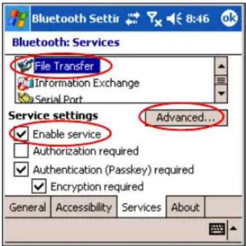 Bluetooth: Services File Transfer Information Exchange Serial Port Service settings Advanced... Enable service Authorization required Authentication (Passkey) required Encryption required General Accessibility Services About