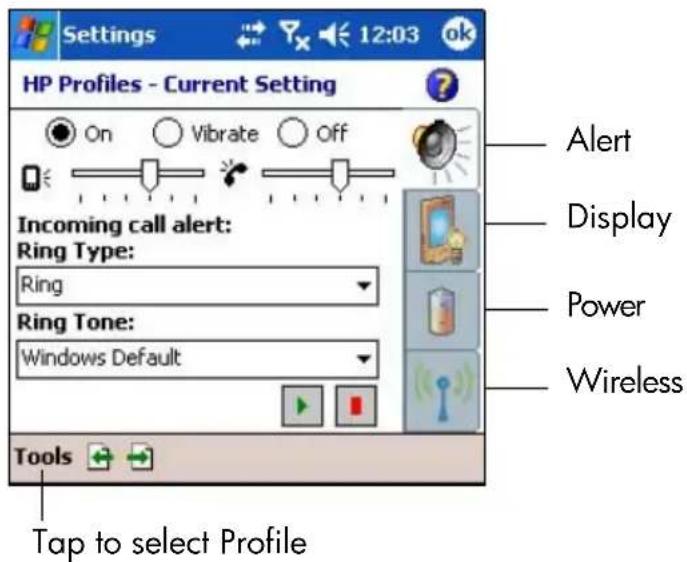 Settings 12:03 ok HP Profiles - Current Setting On Vibrate Off Incoming call alert: Ring Type: Ring Ring Tone: Windows Default Tools Alert Display Power Wireless Tap to select Profile